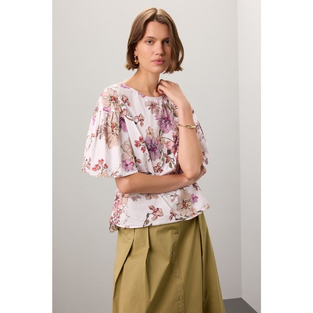 Adam Lippes Sz 0 White Floral Print Flutter Sleeve Round Neck Blouse Top spring